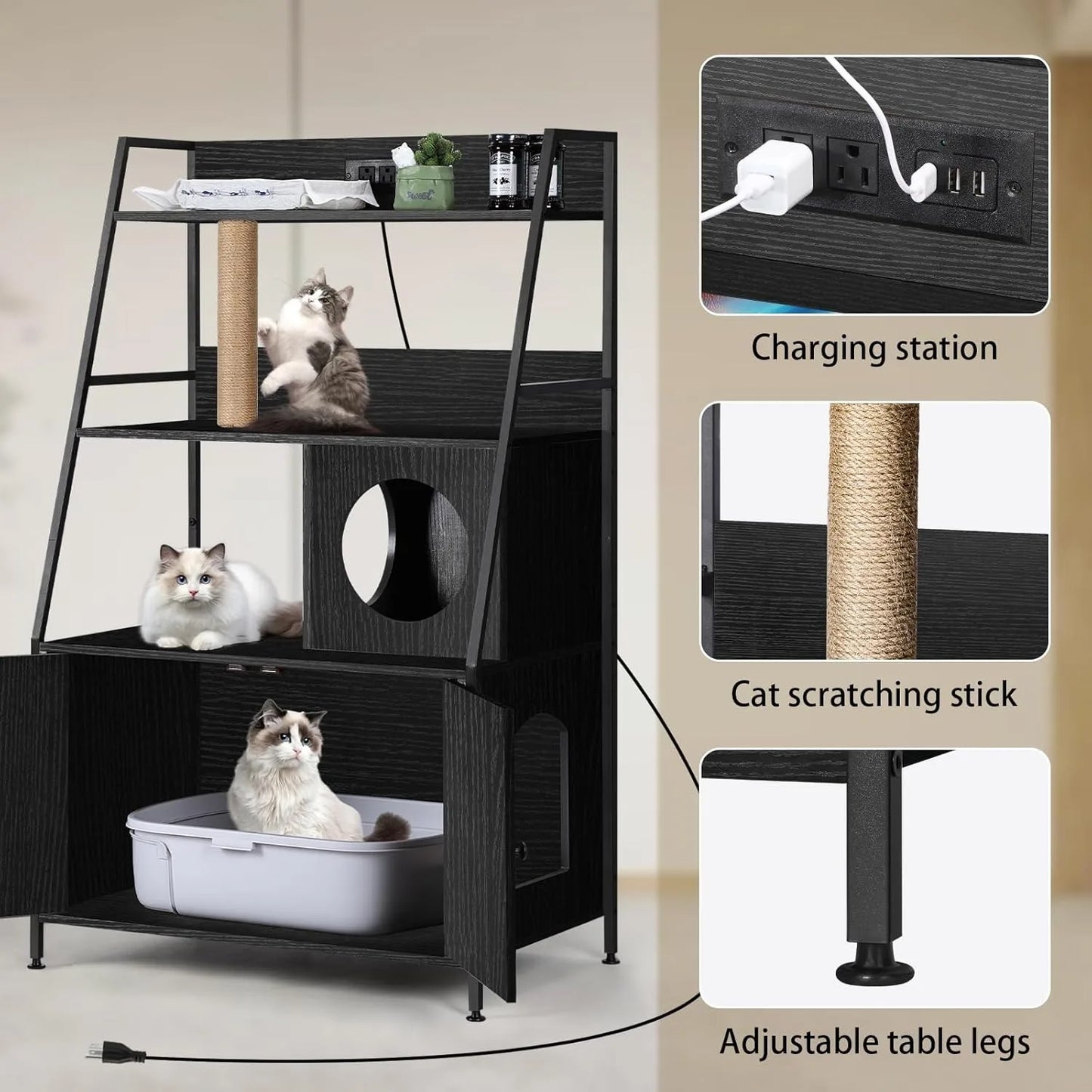 Cat Litter Box Enclosure w/Charging Station & Shelves - Tall Hidden Furniture Universal Fit Indoor, Storage Cabinet (Black)