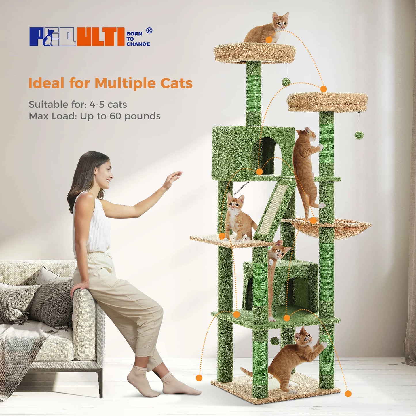 Deluxe 180cm Multi-Level Cat Tree with Plush Condo 6 Scratching Posts 2 Boards Perches Caves Hammock Pompoms for Active Felines