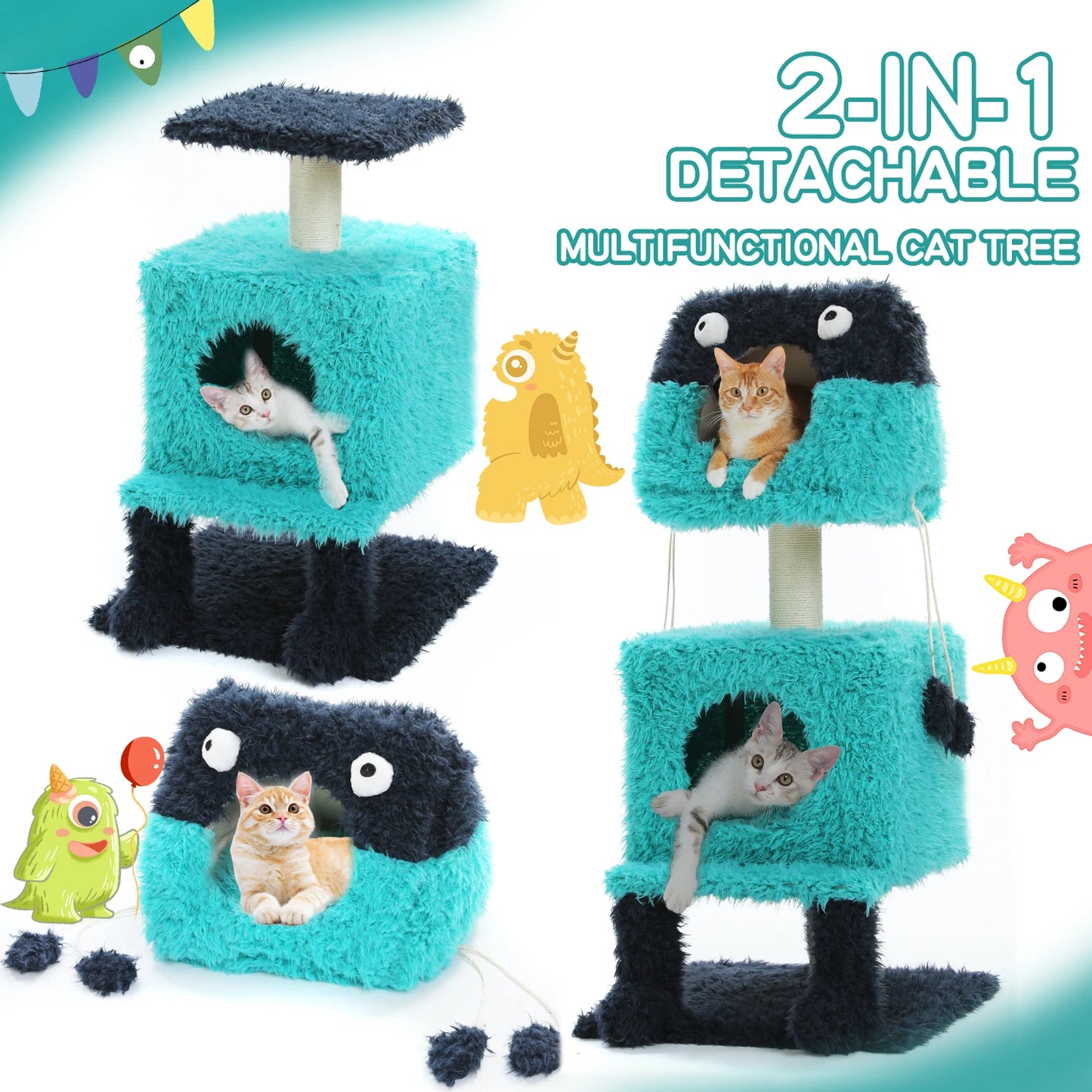 Monster Series Cute Cat Tree Tower Plush Modeling with 2 Big Cat Condos Cat Scratching Post with Plush Shoes Strange Braids Toy