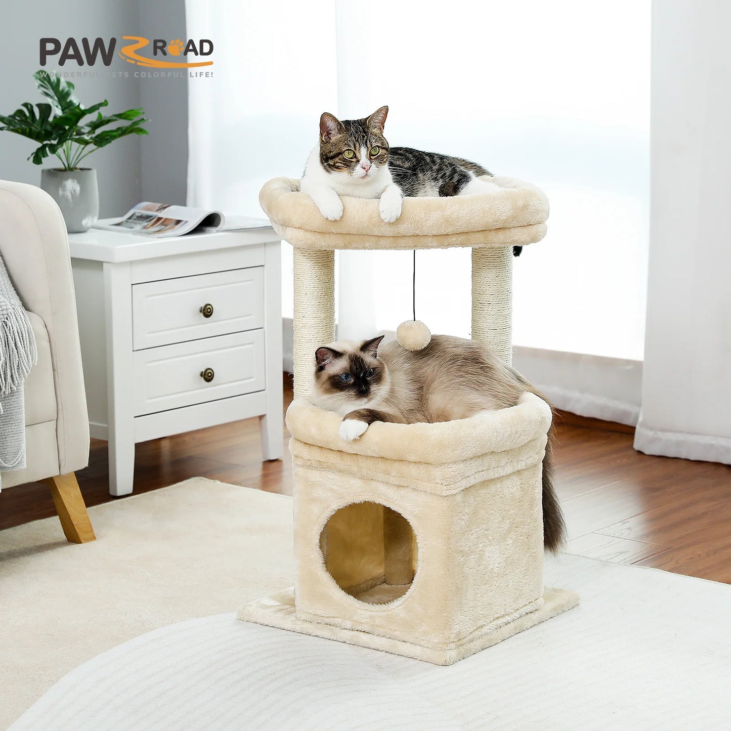 Cat Tree Cat Tower with Cozy Condo, Wide Top Perch,Natural Sisal Posts, Soft Plush,Playful Pom-Pom Suitable for 1-2 Indoor Cats