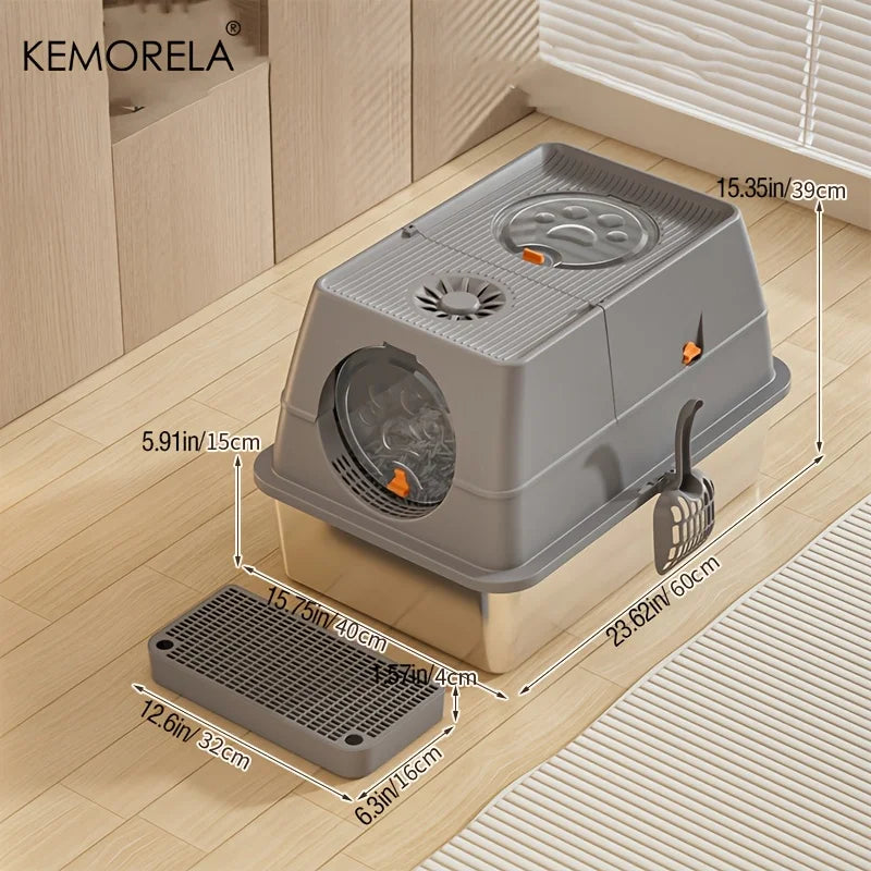 KEMORELA Stainless Steel Cat Litter Box XLExtra Large Litter Box for Big Cats Enclosed Removable with High Sided Enclosure Scoop