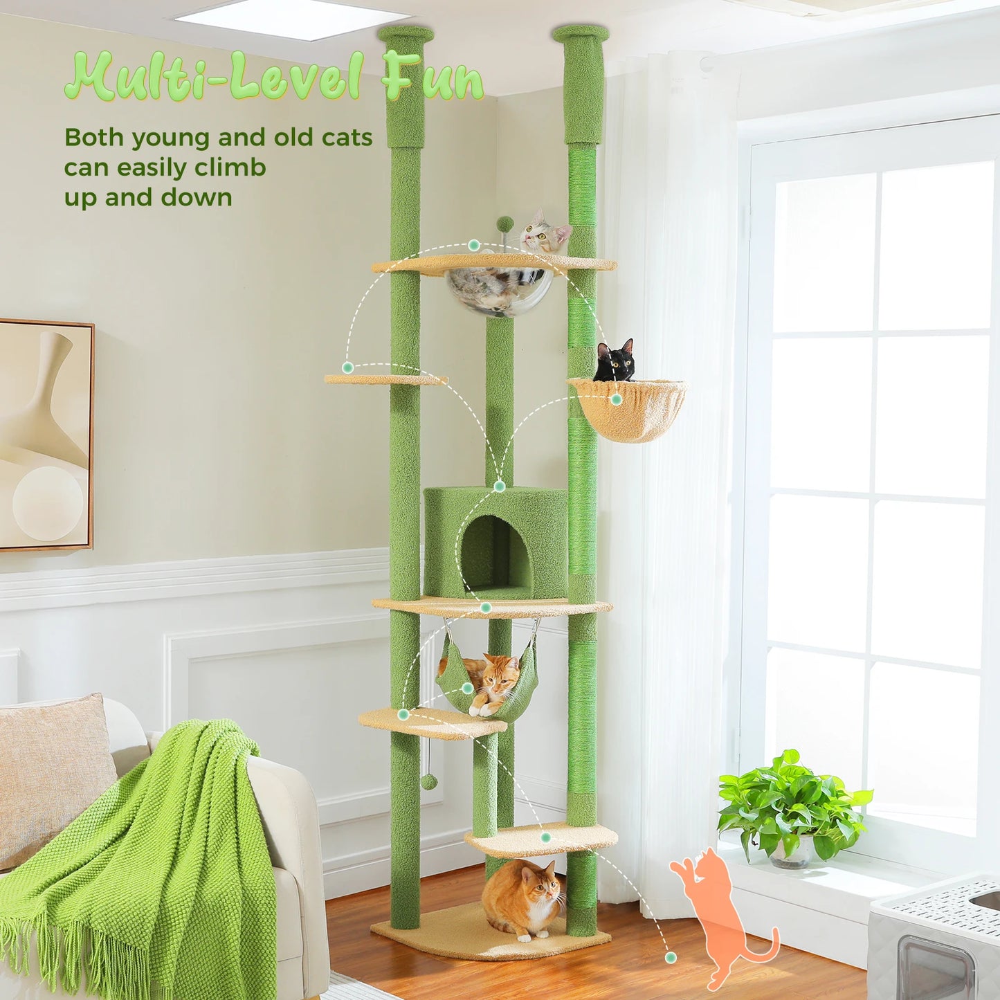 Adjustable Height Tall Cat Tree with Sisal Scratching Posts Spacious Condo Large Hammock Multi-Level Cat Tower Cat Accessories