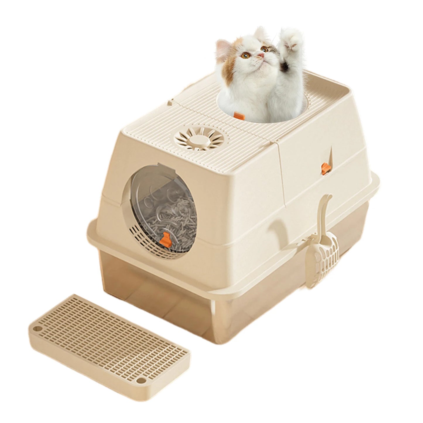 Stainless Steel Cat Litter Box, High Sided Enclosure Cat Toilet With Lid, Front And Top Door, Sand Filter Pedal & Litter Scoop