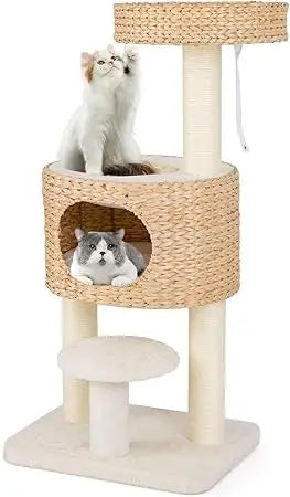Tangkula Modern Cat Tree, 41 Inch Multi-Level Cat Tower with Cattail Fluff Condo & Top Perch, Hanging Toy, Bed, Removable Cushio
