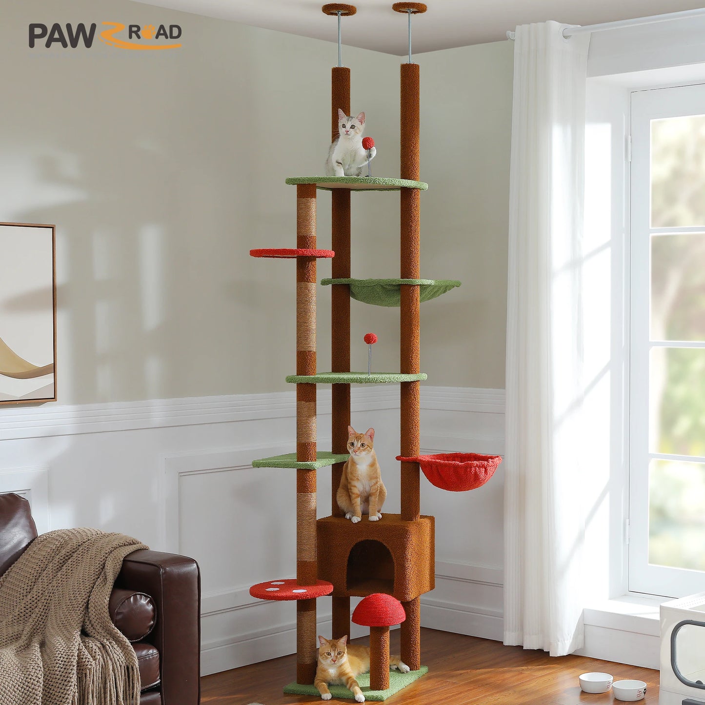 Floor to Ceiling Tall Cat Tree with Cozy Condo Hammock Sisal Scratching Post Adjustable Height Cat Tower for Indoor, 230cm-252cm