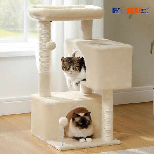 82cm Cat Tree Tower with Detachable Top Perch,Joyful and Interactive Spring Ball,Double Spacious Condos Suitable for Indoor Cats