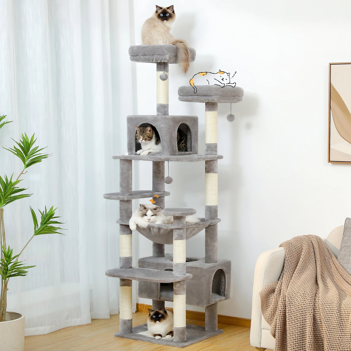 Large Cat Tree Tower for Indoor Cats With Sisal-Covered Scratching Posts Spacious Hammock Padded Perches and Condos Grey
