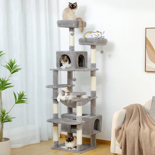 Large Cat Tree Tower for Indoor Cats With Sisal-Covered Scratching Posts Spacious Hammock Padded Perches and Condos Grey