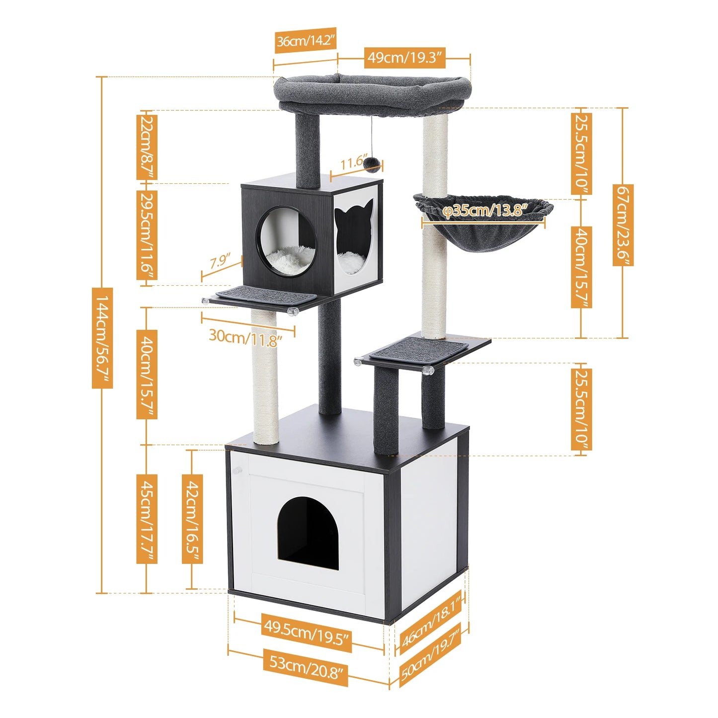 Cat Tree Tower Litter Box Wood Structure Storage with Hammock,Comfy Condo,Anti-Slip Mat,Large Cabinet,Big Platform,Sisal Posts