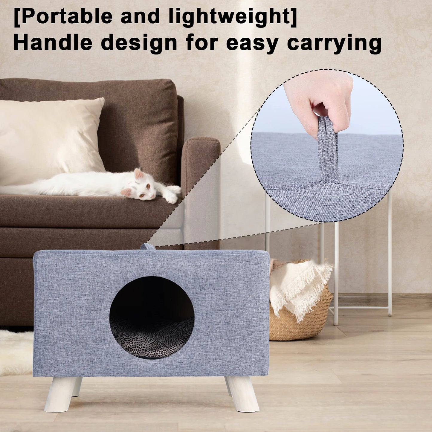Cat Nest, Pet House Bench, Wood Pet House Cat Cave with Mat, Pet House Foot Rest Stool with Cushion, Cube House for Cats dogs