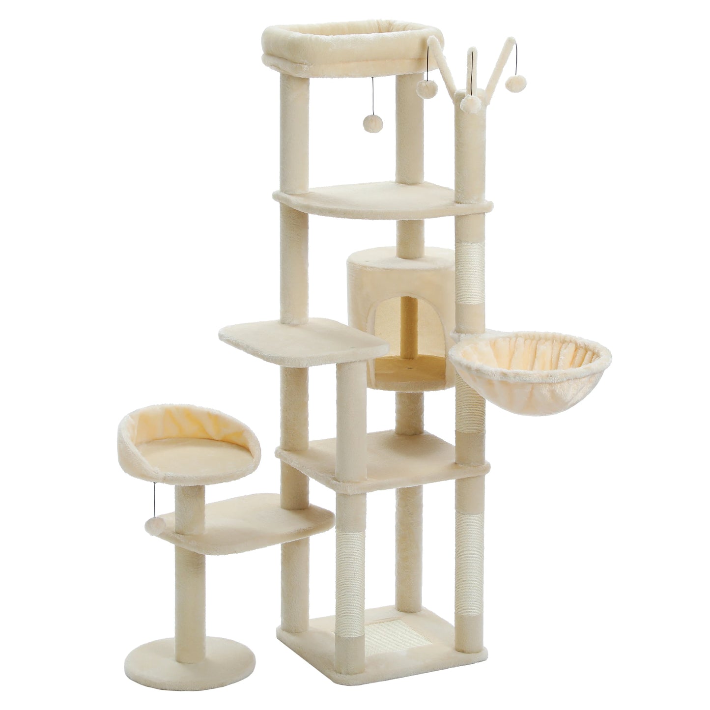 Stable Cat Tree Tower with Anti-Toppling Device,Cozy Detachable Top Bed,Cute Round Cat Condo,Large Hammock,Replaceable Pompoms