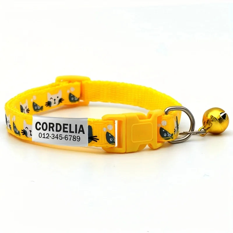 Personalized Printed Cat Collar With Bell Adjustable Kitten Puppy Collars Free Engraved ID Nameplate Anti-lost Safety Buckle