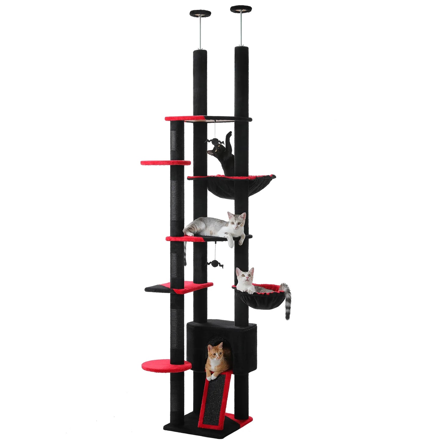 Adjustable 230-252cm Cat Tree, Floor to Ceiling Cat Condo, Hanging Ball,5 Scratching Posts,Hammock, Ample Resting Place for Cats