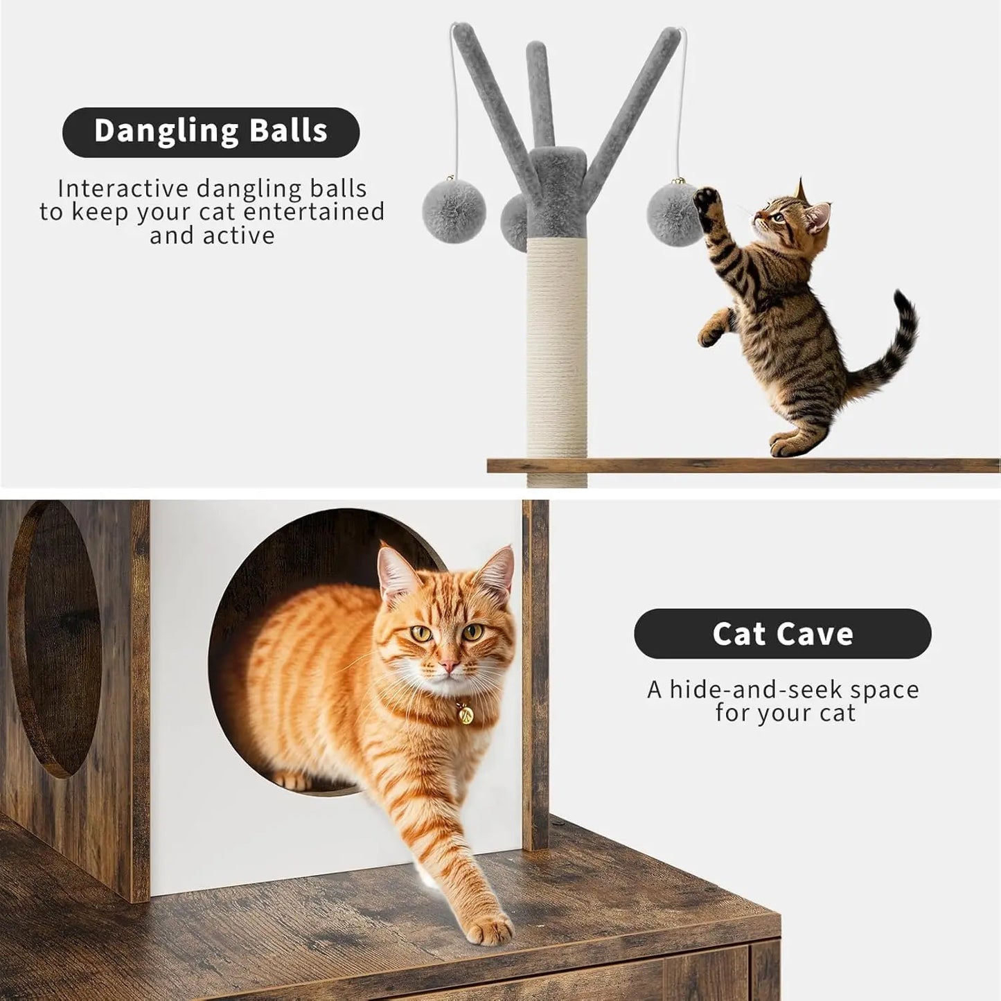 Litter Box Enclosure with Cat Tree Tower Condo - 3-in-1 Cat House Multi-Level Design for Climbing, Wooden Cat Furniture