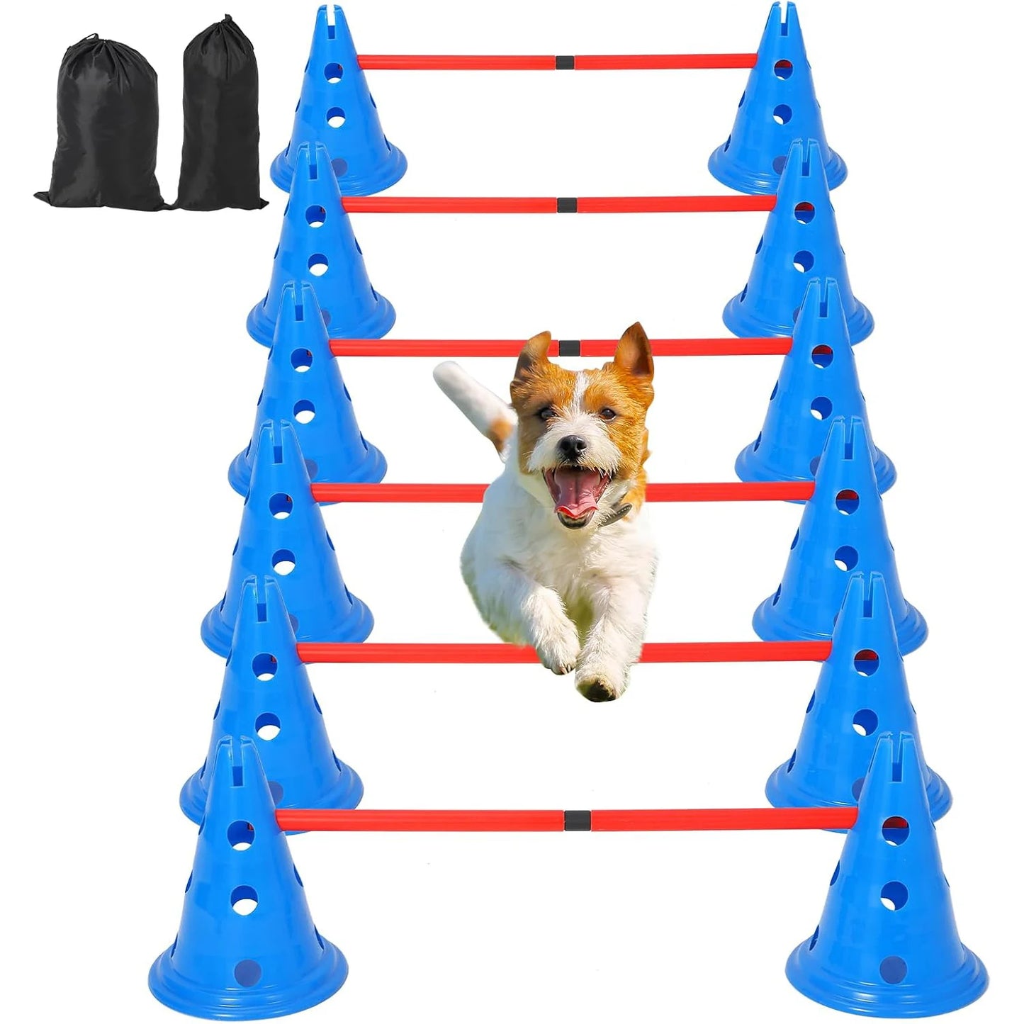 Dog Agility Hurdle Cone Set Dog Agility Course Backyard Set Include 12 Agility Cones 6 Agility Rods Training Equipment