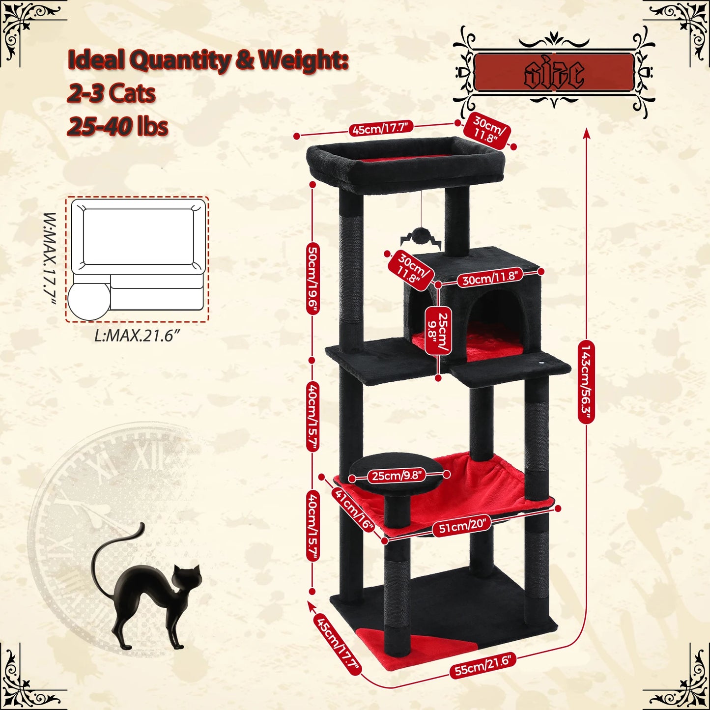 Environment&Cat-Friendly Gothic Cat Tree Suitable for 2-3Cats with Large Hammock,Sisal Scratch Posts ,Cozy Condo and Top Perch