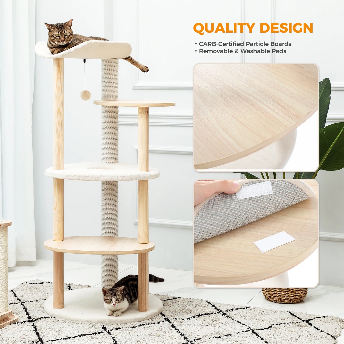 Modern Cat Tree Tower Furniture Wooden with Scratching Post Multi-level Jumping Platform with Condo and Comfortable Perch Beige