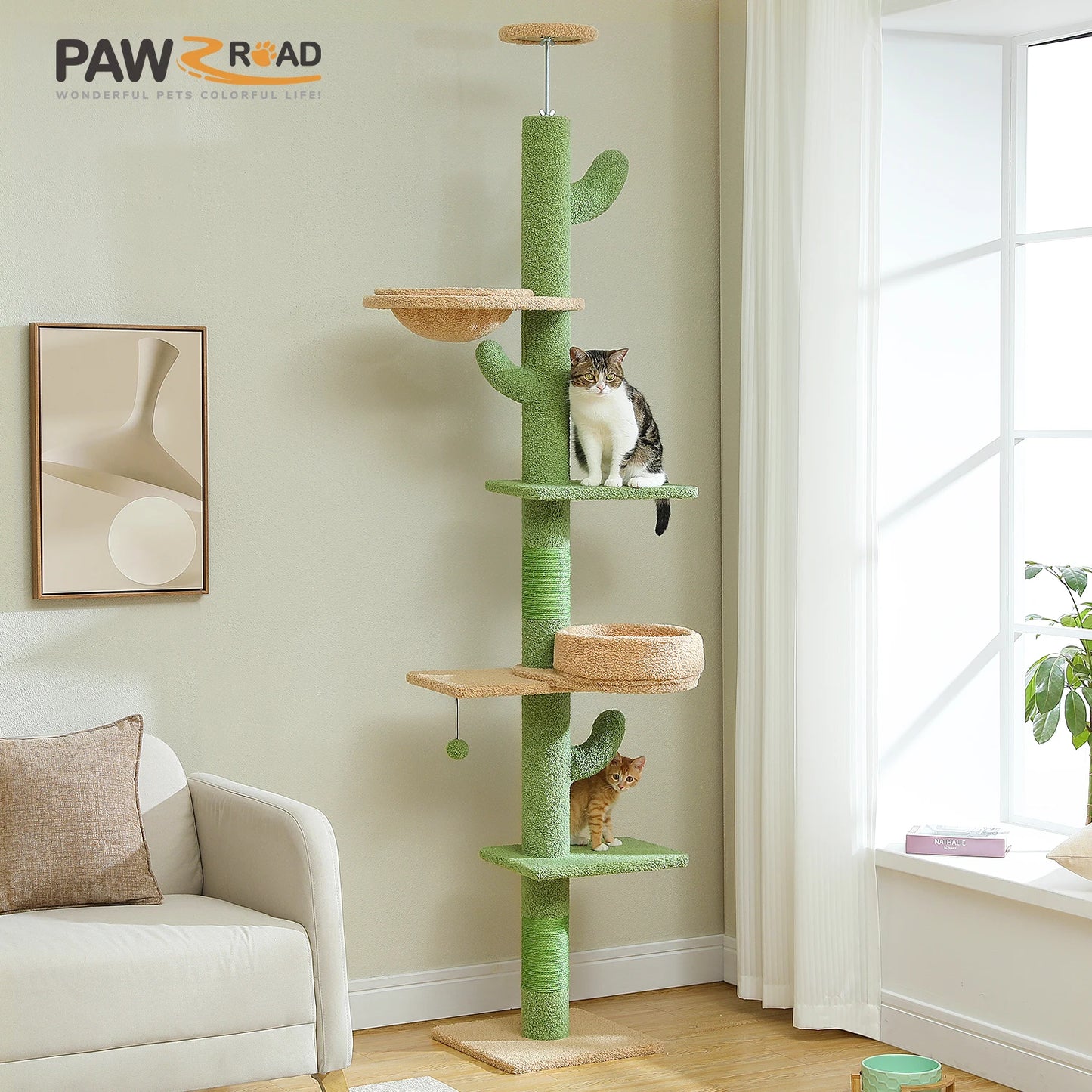 Adjustable Height Cactus Cat Tree for Indoor Cats Floor to Ceiling Cat Tower with Scratching Post Cozy Hammock Dangling Balls