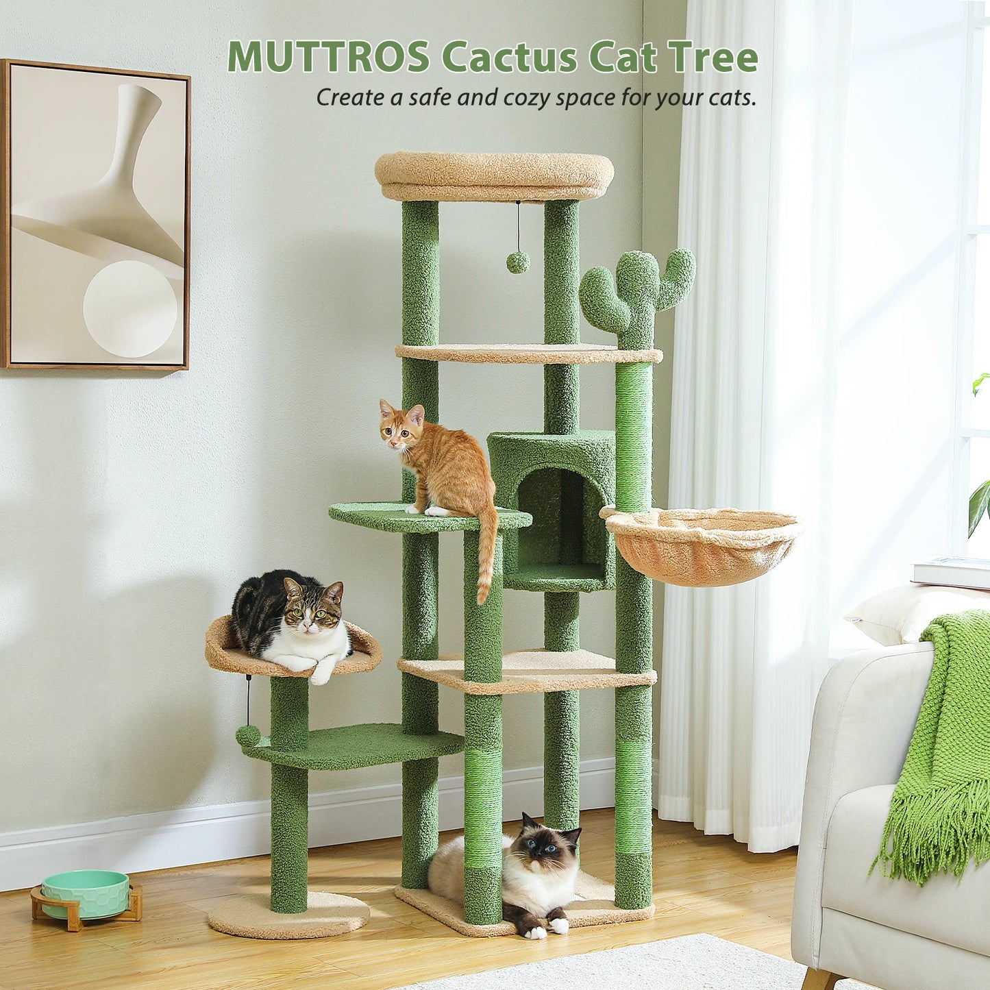 Tall Cat Tree for Large Cat Multi-Level Cactus Cat Tower for Indoor Cats Cat Condo with Large Hammock Scratching Post  2 Perches