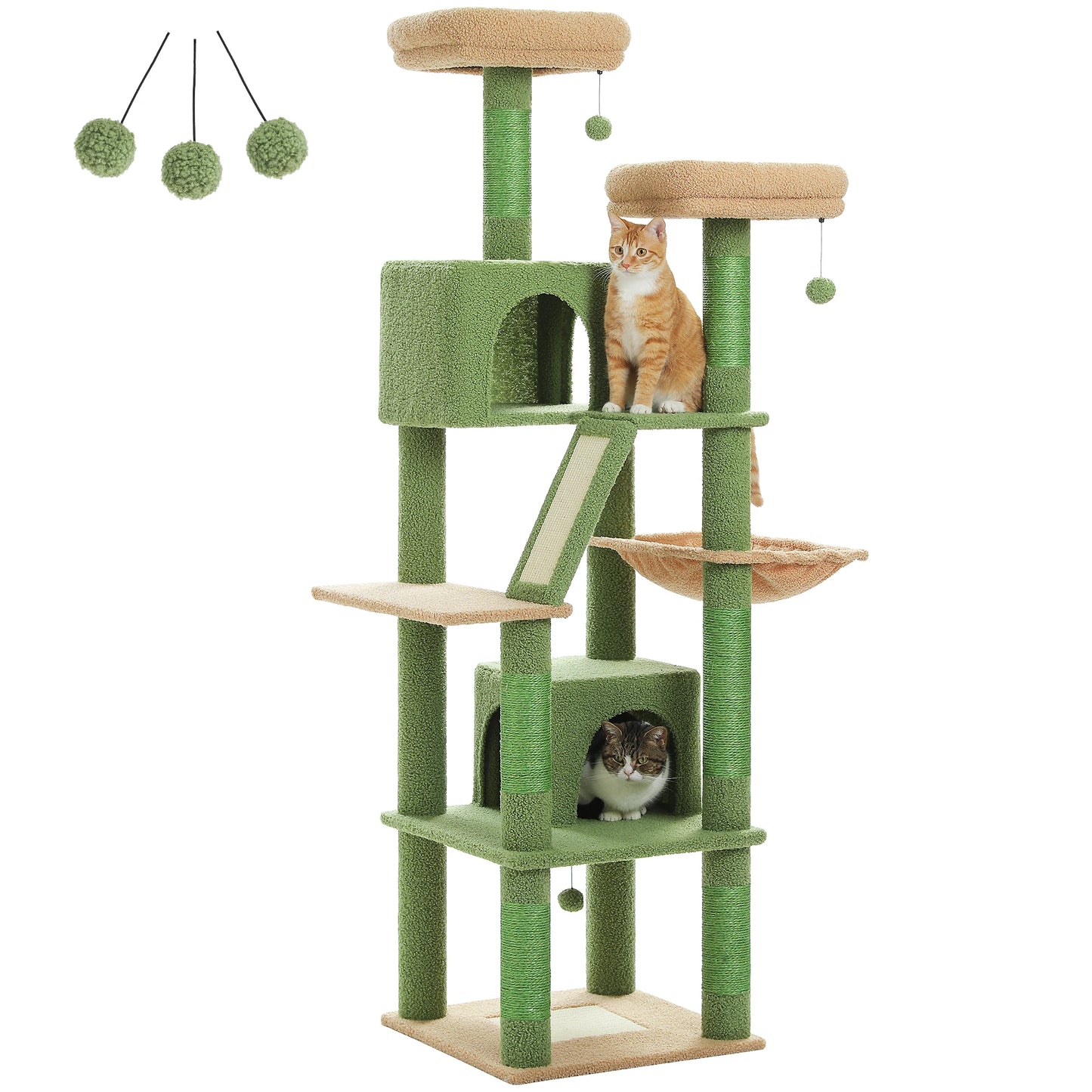 Deluxe 180cm Multi-Level Cat Tree with Plush Condo 6 Scratching Posts 2 Boards Perches Caves Hammock Pompoms for Active Felines
