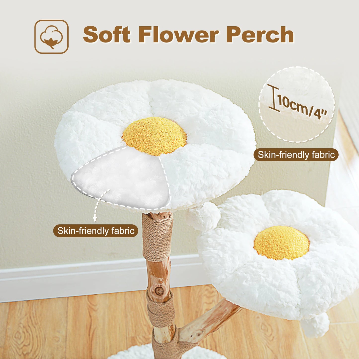 Wood Flower Cat Tree with 2 Perches Sisal Scratching Post Modern Cat Tower for Indoor Cats Luxury Boho Cat Furniture Cat Toys