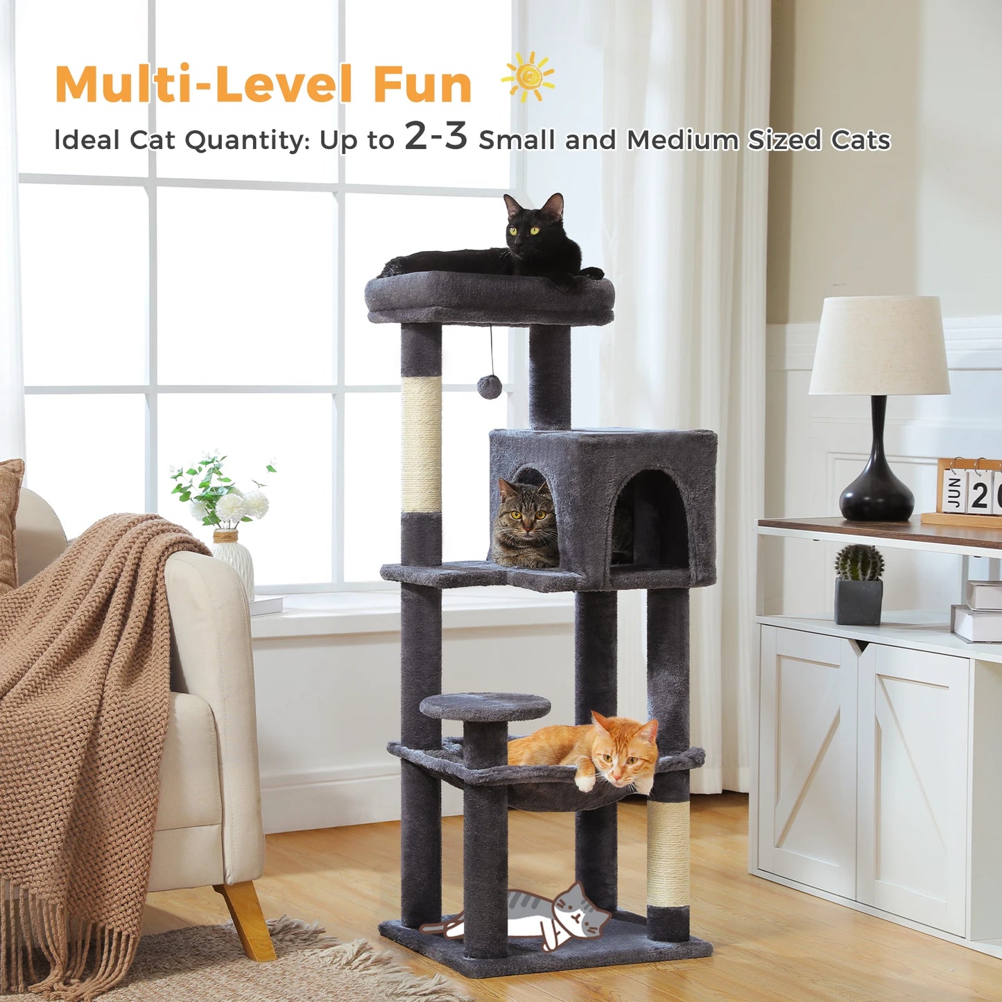 Cat Tree for Indoor Multi-Level Cat Tower with Scratching Posts Cozy Hammock Top Perch Large Cat Condo Cat Toys Cat Accessories
