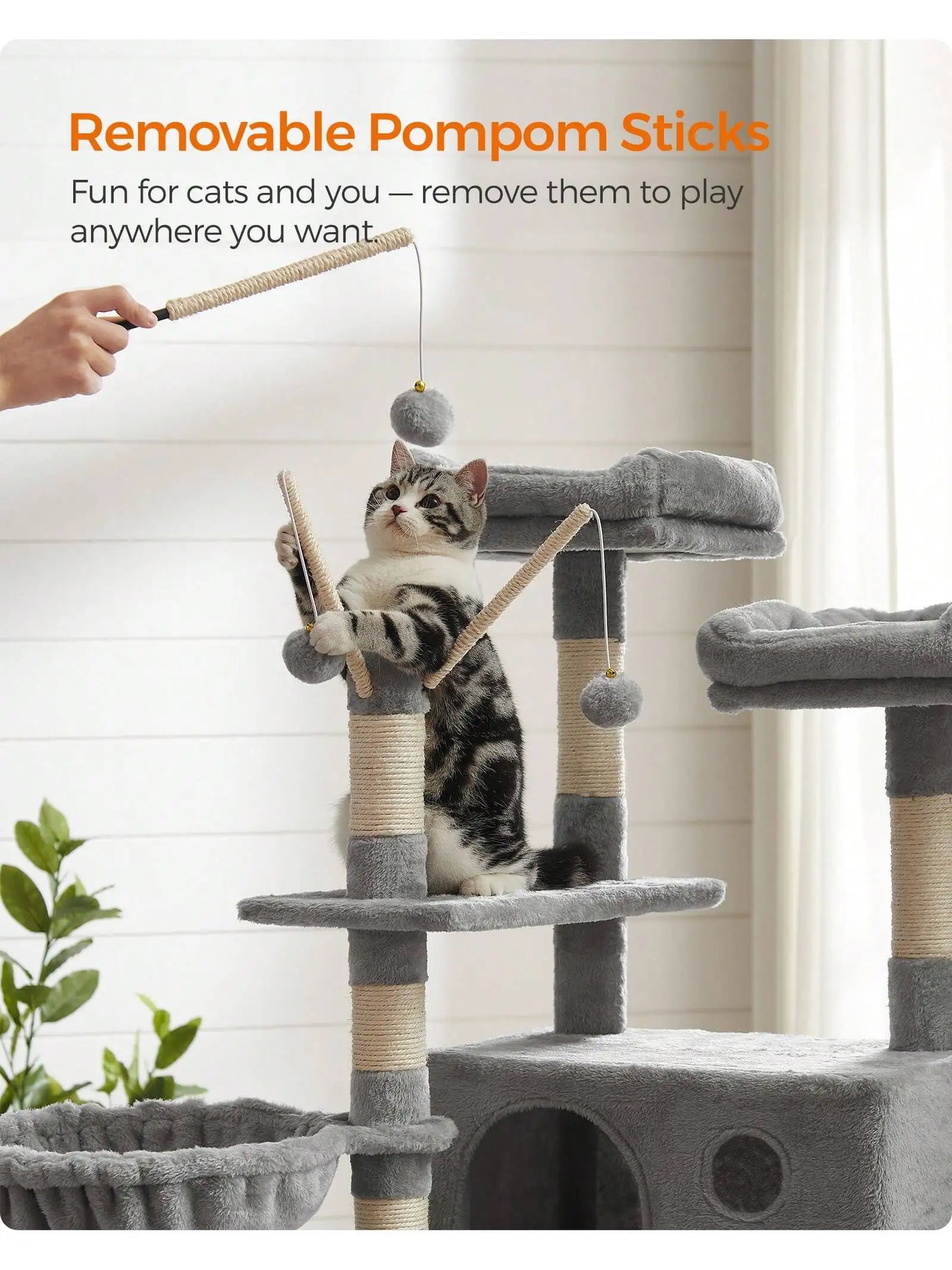 Feandrea Cat Tree, Large Cat Tower, 64.6 Inches, Cat Activity Center With Hammock, Basket, Removable Fur Ball Sticks, Cat Con