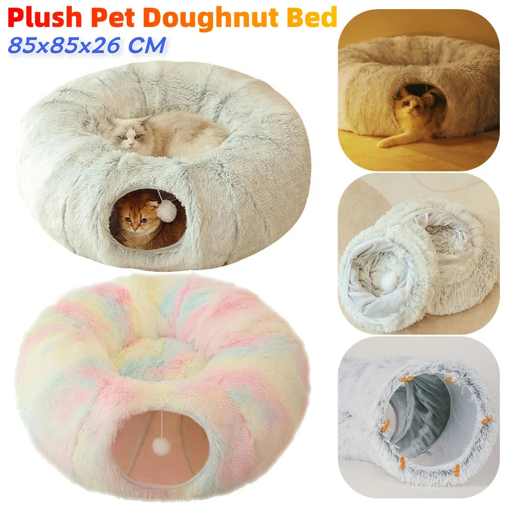Soft Winter Cat Bed and Tunnel Playful Foldable Cat Cave for Deep Sleeping Provides Warmth Comfortable for Cats Small Dogs Pets