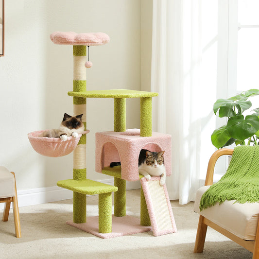 120cm Multi-Level Flower Cat Tree Tower with Sisal Scratch Posts Ramp Top Perch and Fluffy Ball for Small to Medium Indoor Cats