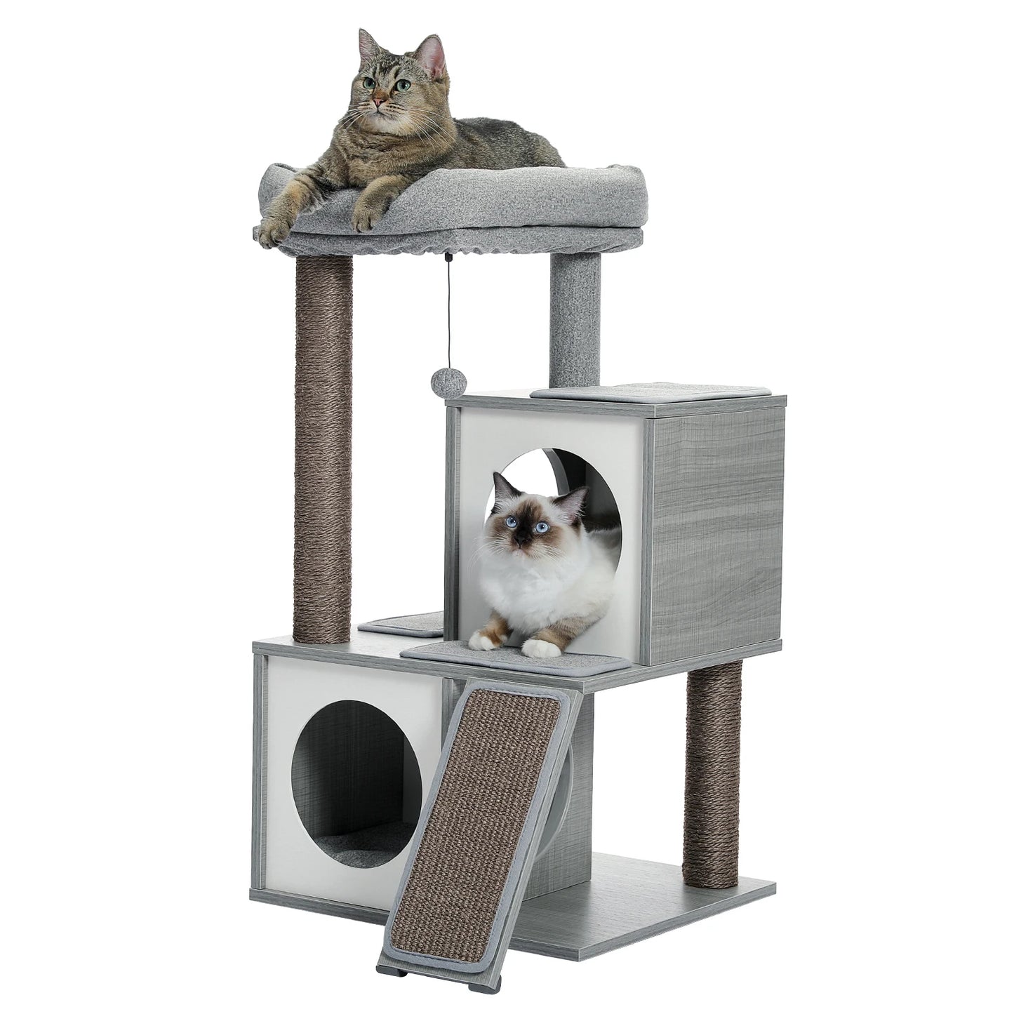 Wooden Cat Tower with Double Condos Spacious Perch Fully Wrapped Scratching Sisal Posts and Replaceable Dangling Balls