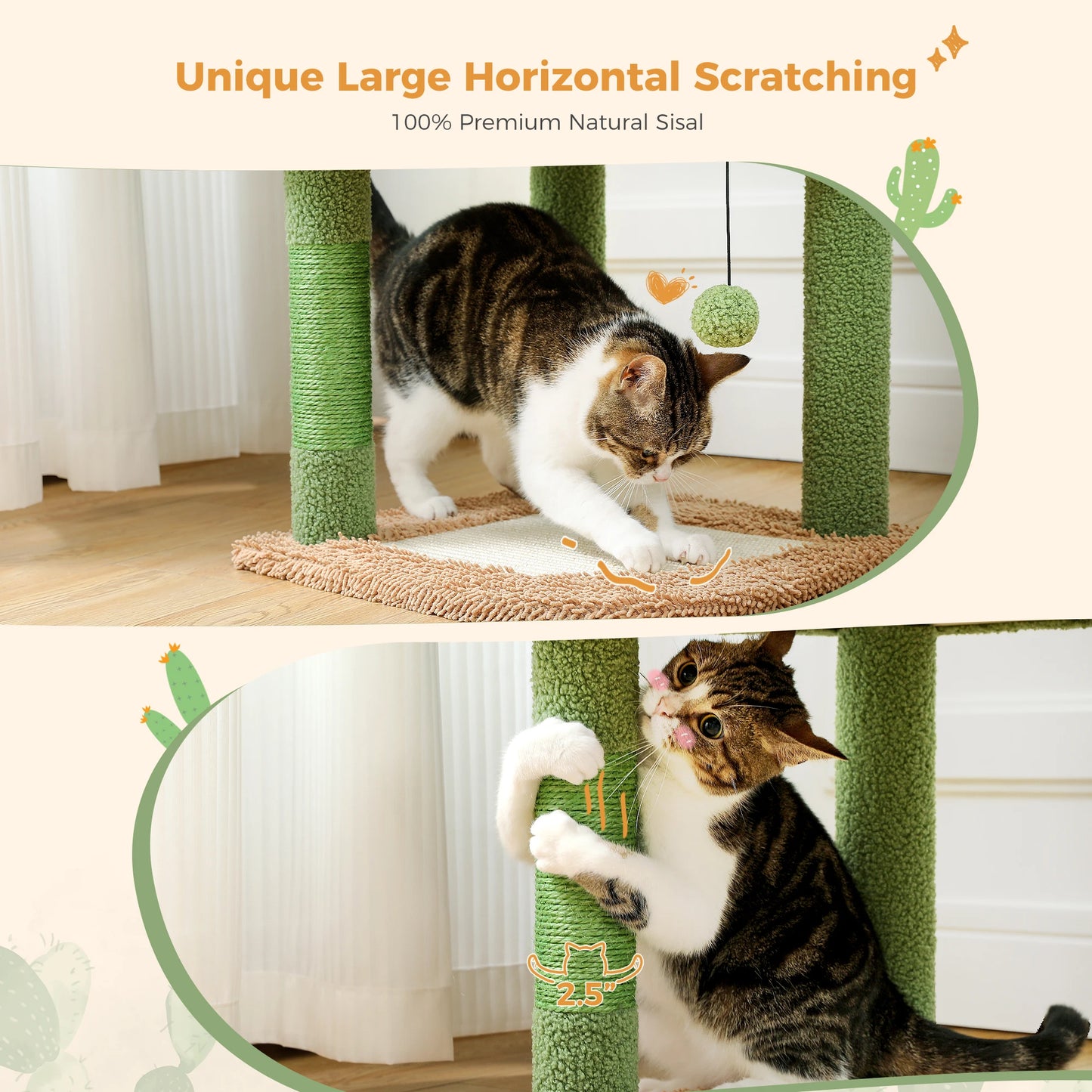 Cactus Cat Tree with Sisal Covered Scratching Posts, Large Condo, Cozy Hammock and Plush Perch, Cat Tower for Indoor, Cat House