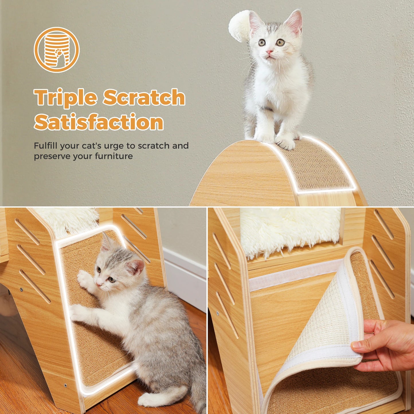 Modern Cat Tree Rocket Shape, Wooden Cat Tower Tree for Indoor Cats with Two Cat Playhouse and Two Condos Dangling Balls