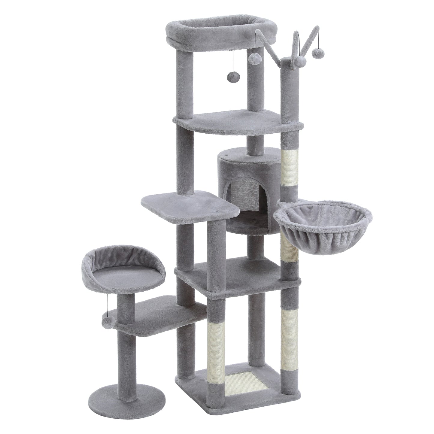 Stable Cat Tree Tower with Anti-Toppling Device,Cozy Detachable Top Bed,Cute Round Cat Condo,Large Hammock,Replaceable Pompoms