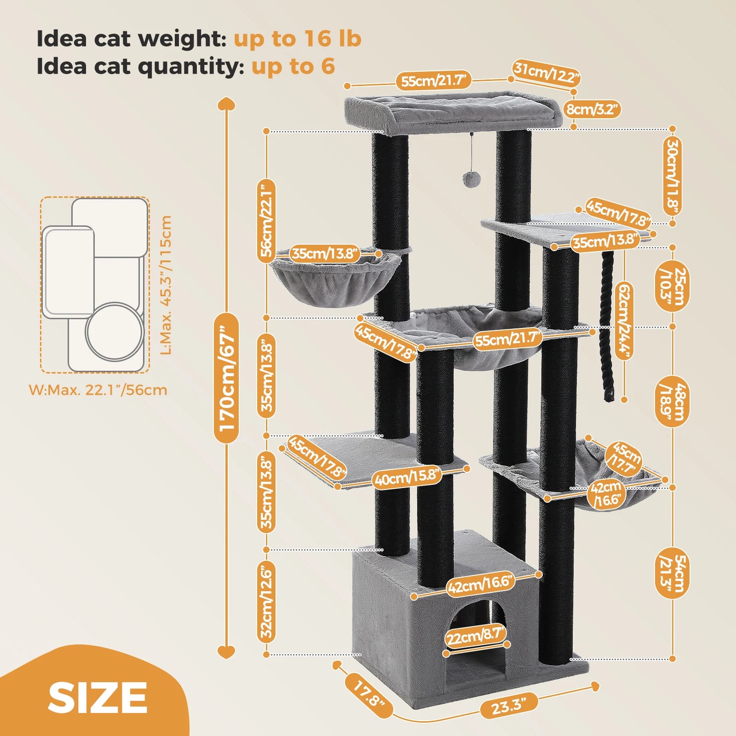 Large Cat Tree for Big Cats Robust Cat Tower with Several Levels Cat House Climbing Tree with Hammock 11 Sisal Posts Large Perch
