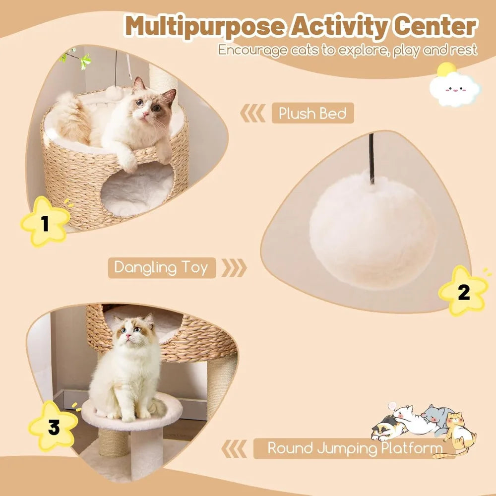 Tangkula Modern Cat Tree, 41 Inch Multi-Level Cat Tower with Cattail Fluff Condo & Top Perch, Hanging Toy, Bed, Removable Cushio