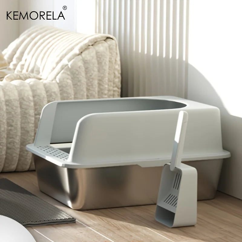Stainless Steel Litter Box With Litter Mat And Litter Spade Lid High Side Suitable For Large Cats Closed Litter Tray With Spoon