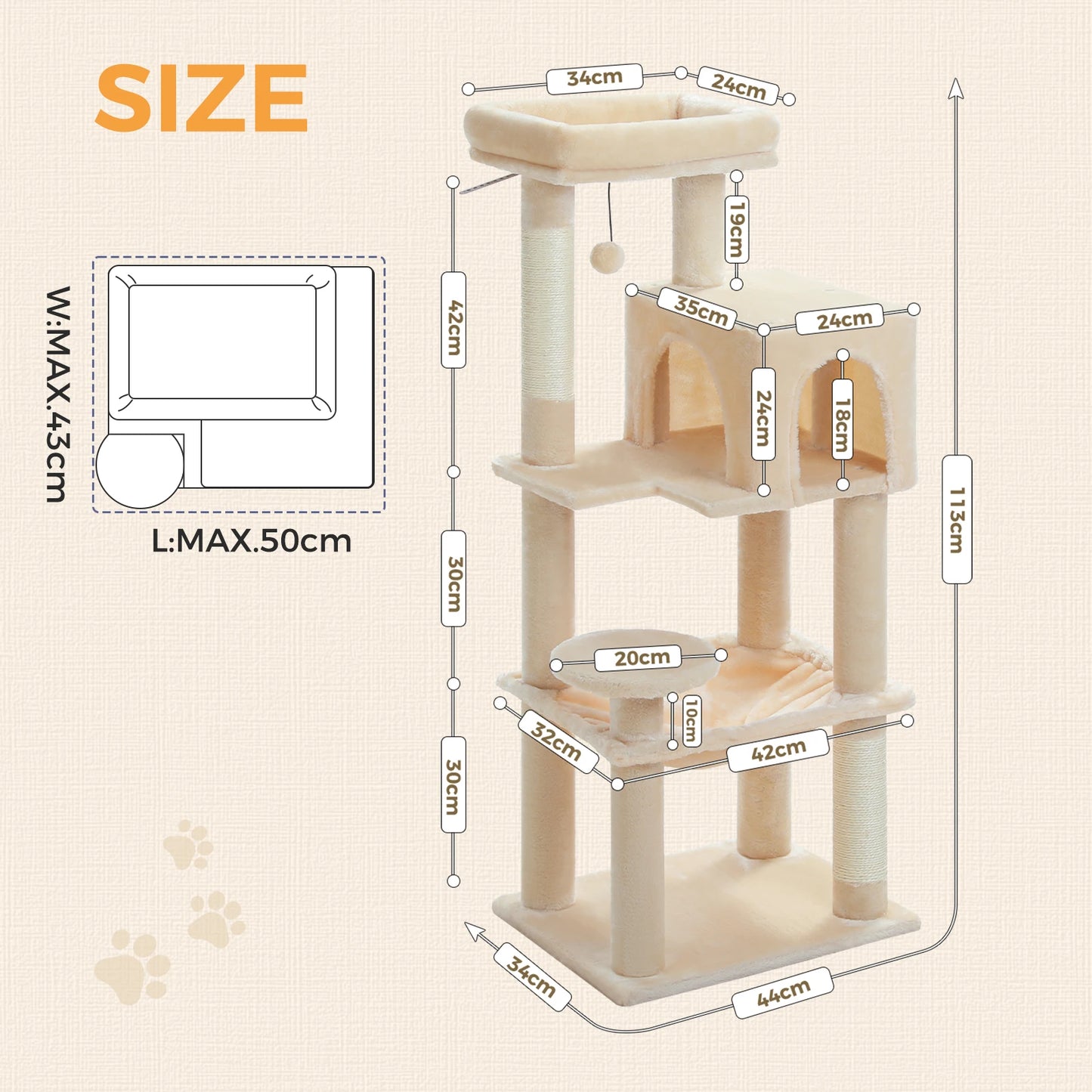 5-Level Cat Tree 113cm Cat Tower with Top Perch,Soft Condo,Natural Sisal Scratching Post,Attractive Pompom,Anti-tip kit,Hammock