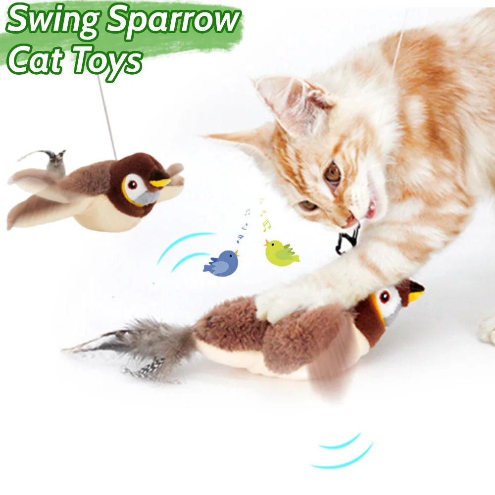 Pet Swing Sparrow Interactive Cat Toys USB Rechargeable Chirping Flapping Bird No Flying with Catnip for Indoor Touch Cats Toys