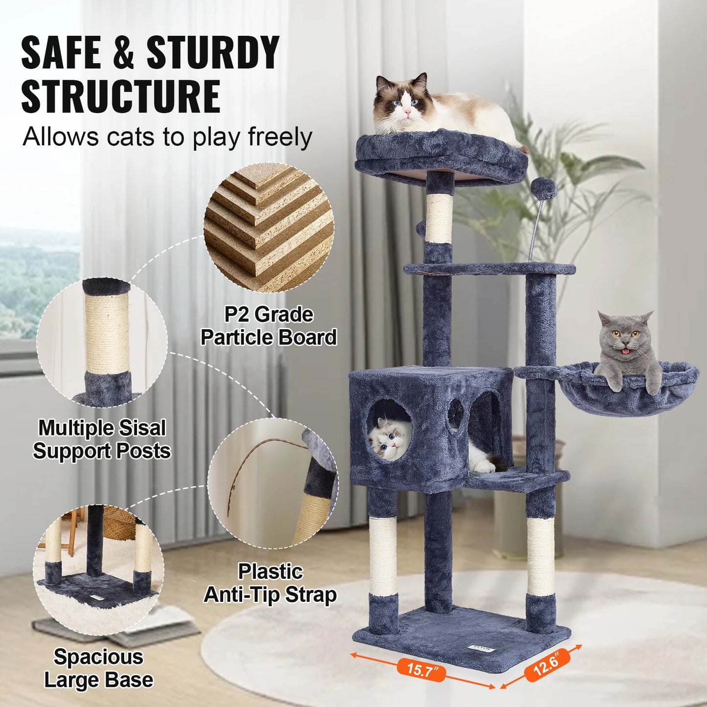 SucceBuy Cat Tree for Indoor Cats Cat Tower with Cat Condo Sisal Scratching Post HammockTop Perch Jumping Platforms Dark Grey