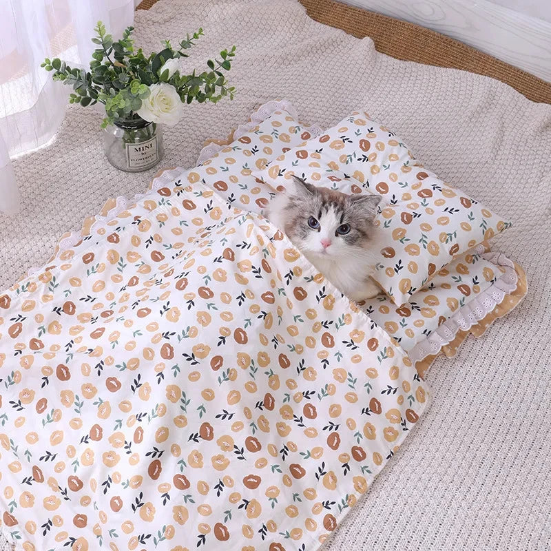 Cute Cat Bed With Pillow Universal Three-Piece Princess Nest Dog Kennel Pet Cushion Small Medium Cat Sleeping Bed Pet Blanket
