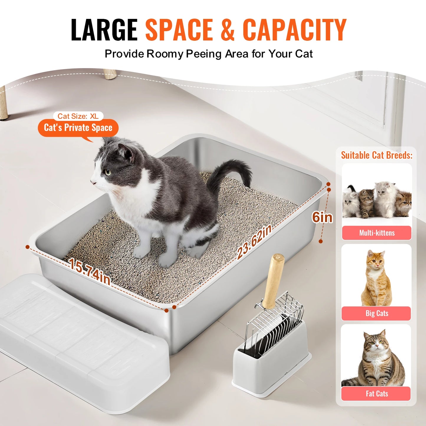 SucceBuy Cat Litter Box Large Stainless Steel Enclosed Odor-Free Cat Litter Box with Scoop Wide Filtering Foot Board for Cats