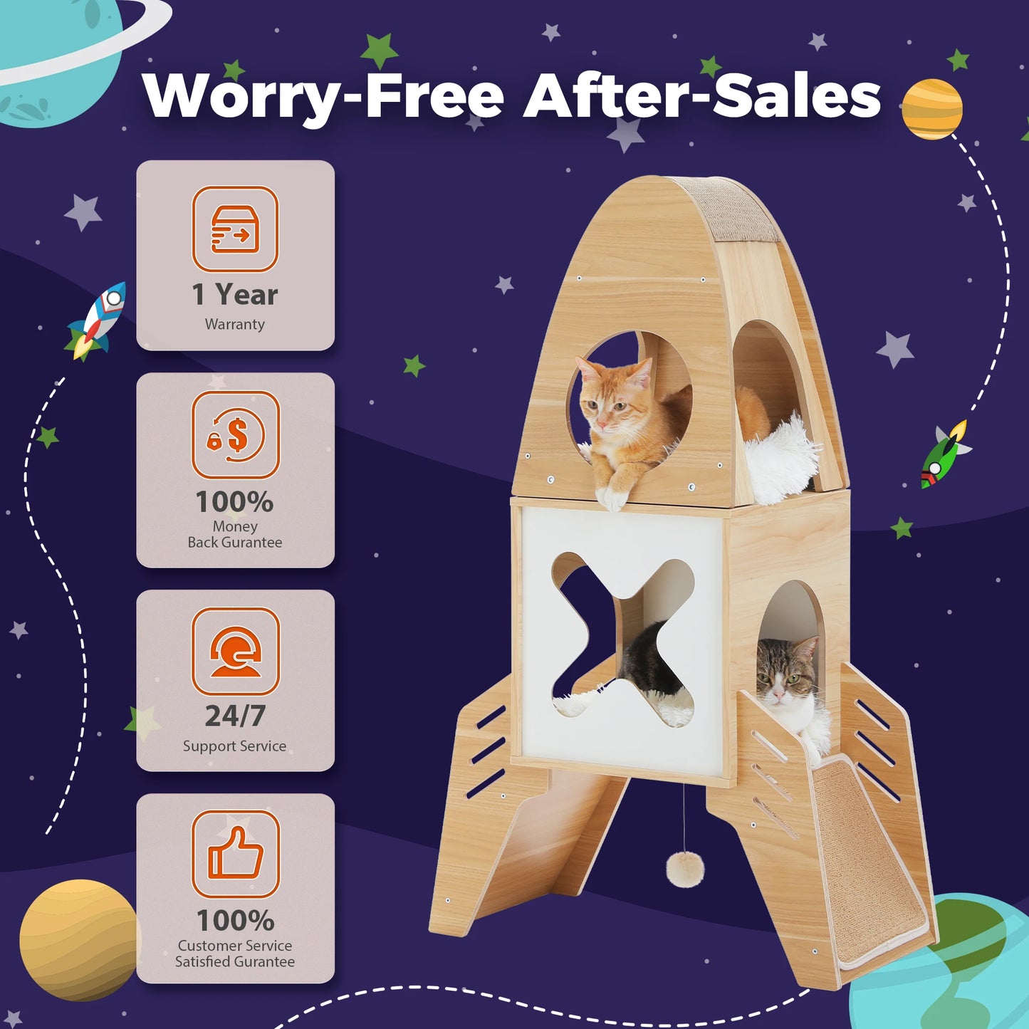 Modern Cat Tree Rocket Shape, Wooden Cat Tower Tree for Indoor Cats with Two Cat Playhouse and Two Condos Dangling Balls