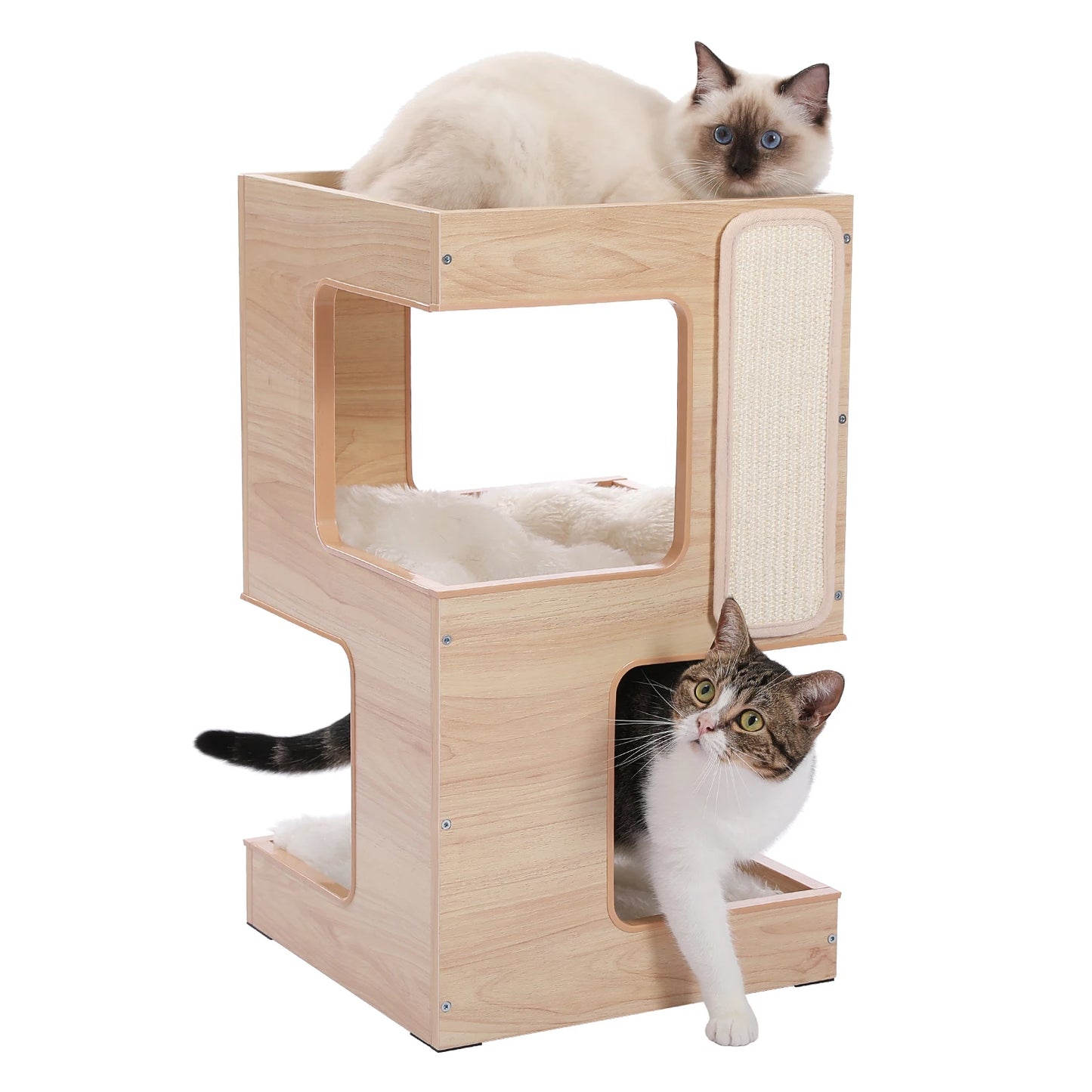 Modern Cat Tree with Scratcher Board, Furniture Bed, 3 Levels, Spacious Top Scratching Pad, House, Removable Soft Cushion, Toys