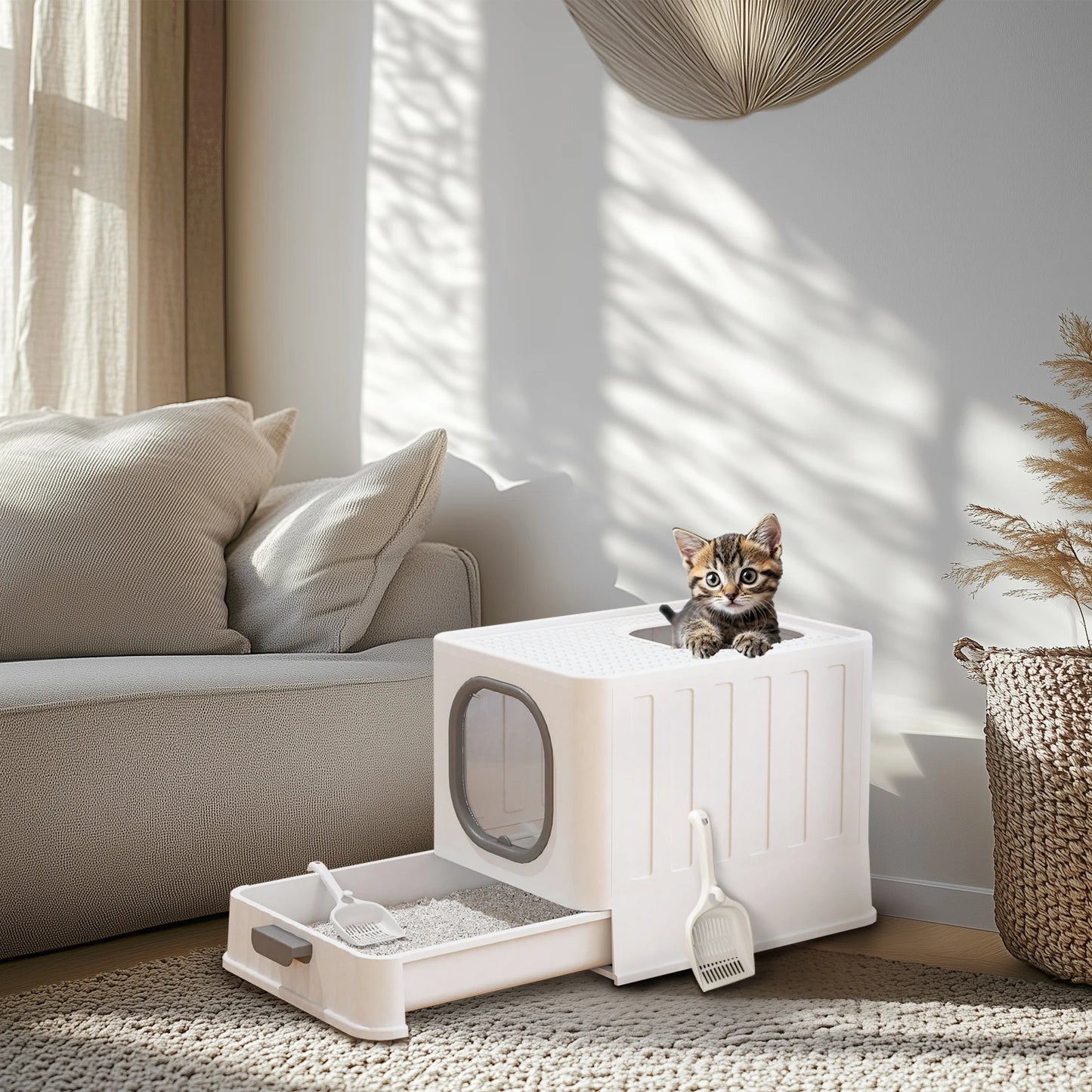 Bingopaw Cat Litter Box with Lid, Enclosed Potty, Large Top Entry Anti-Splashing Toilet, Easy to Clean Including Litter Scoop