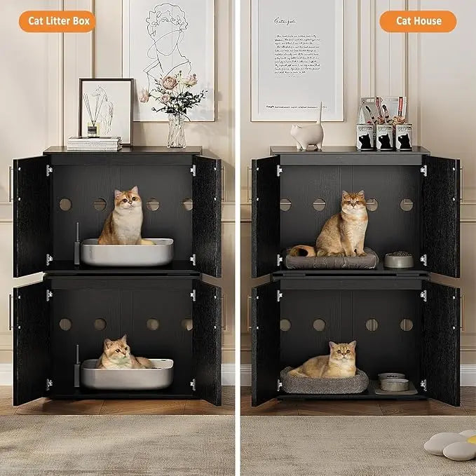 Hidden Litter Box Furniture with 2 Doors, Wooden Litter Box Enclosure Furniture, Indoor Cat House, TV Stand Cabinet