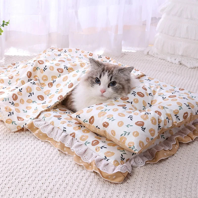 Cute Cat Bed With Pillow Universal Three-Piece Princess Nest Dog Kennel Pet Cushion Small Medium Cat Sleeping Bed Pet Blanket