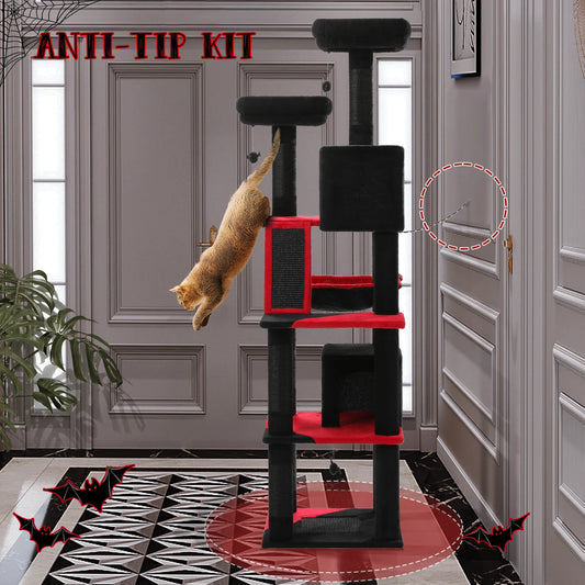 Stable&Safe Multi-Level Cat Tree Tower with Cozy Condo,Scratching Posts&Boards,Perches,Hammock,Pompoms for Active Cats,Cat Toys