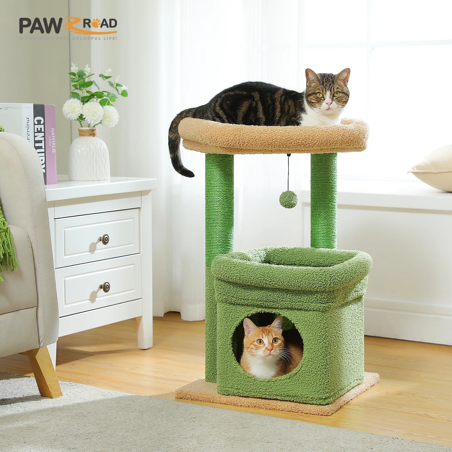 Cat Tree Cat Tower with Cozy Condo, Wide Top Perch,Natural Sisal Posts, Soft Plush,Playful Pom-Pom Suitable for 1-2 Indoor Cats