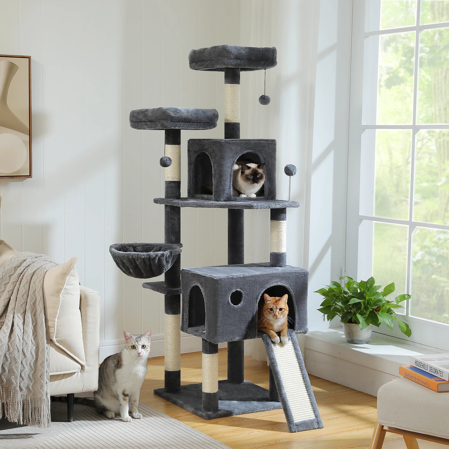 Stable&Safe Multi-Level Cat Tree Tower with Cozy Condo,Scratching Posts&Boards,Perches,Hammock,Pompoms for Active Cats,Cat Toys