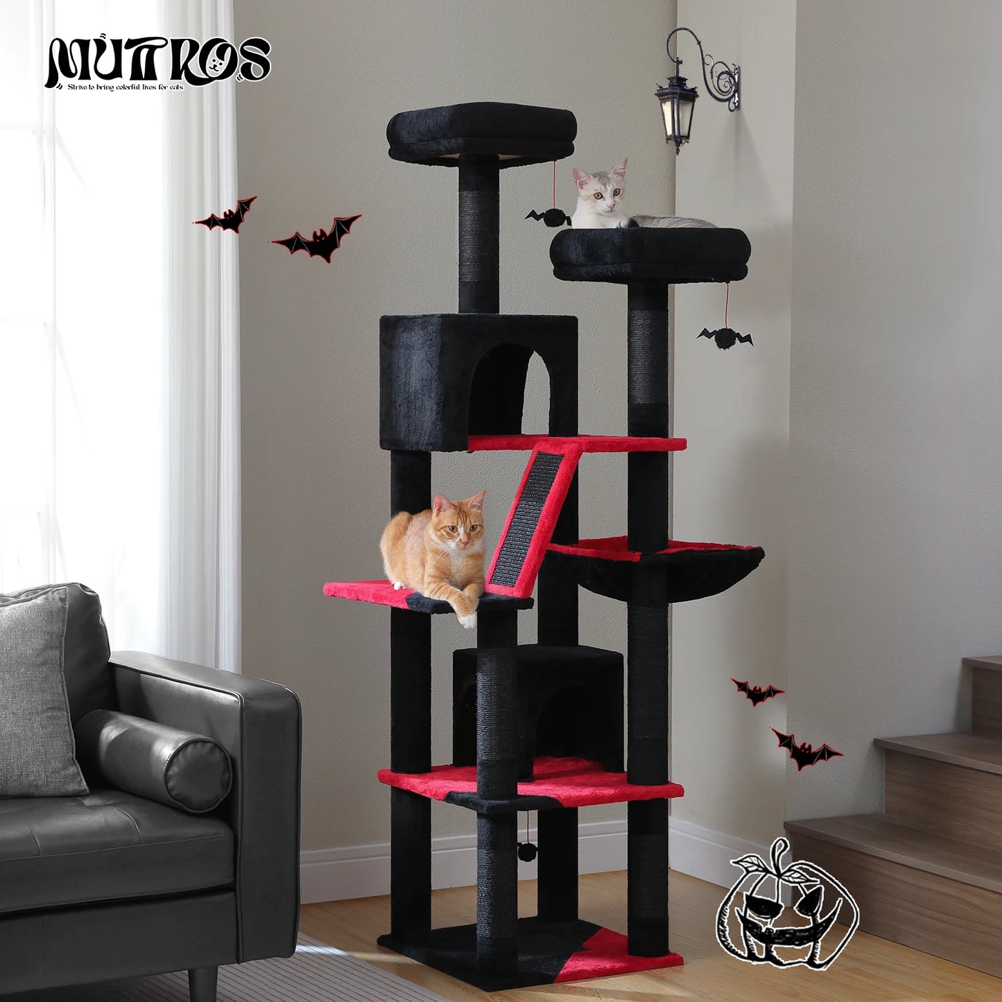 Deluxe 180cm Multi-Level Cat Tree with Plush Condo 6 Scratching Posts 2 Boards Perches Caves Hammock Pompoms for Active Felines